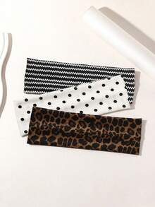 3pcs Vintage Leopard Print Polka Dot Striped Wide Headband For Women, Casual Sports Yoga Home Commute Versatile Hair Accessory - Multicolor - View 3