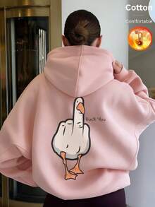 Autumn/Winter Women's Fleece Hoodie With Cartoon Duck Graphic And "Duck You" Print On Back, Y2K Style - Sand Red - View 3
