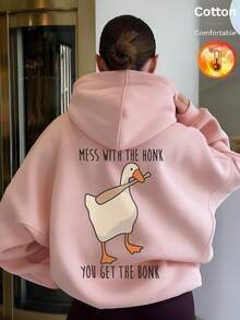 Höst/vinter dam hoodie i fleece med ankmönster och engelsk text Y2K - Sandröd - Visa 1