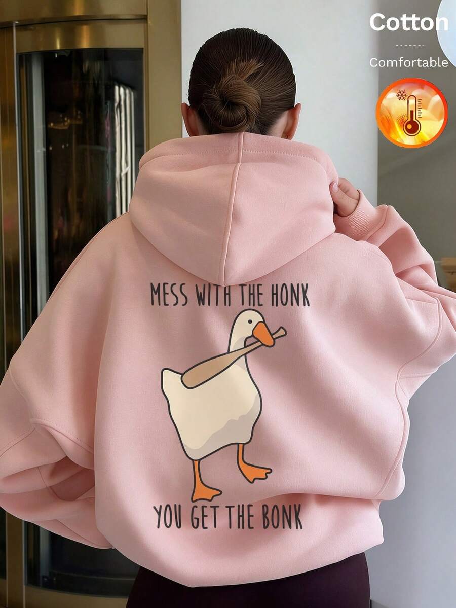 Höst/vinter dam hoodie i fleece med ankmönster och engelsk text Y2K - Sandröd - Visa 1