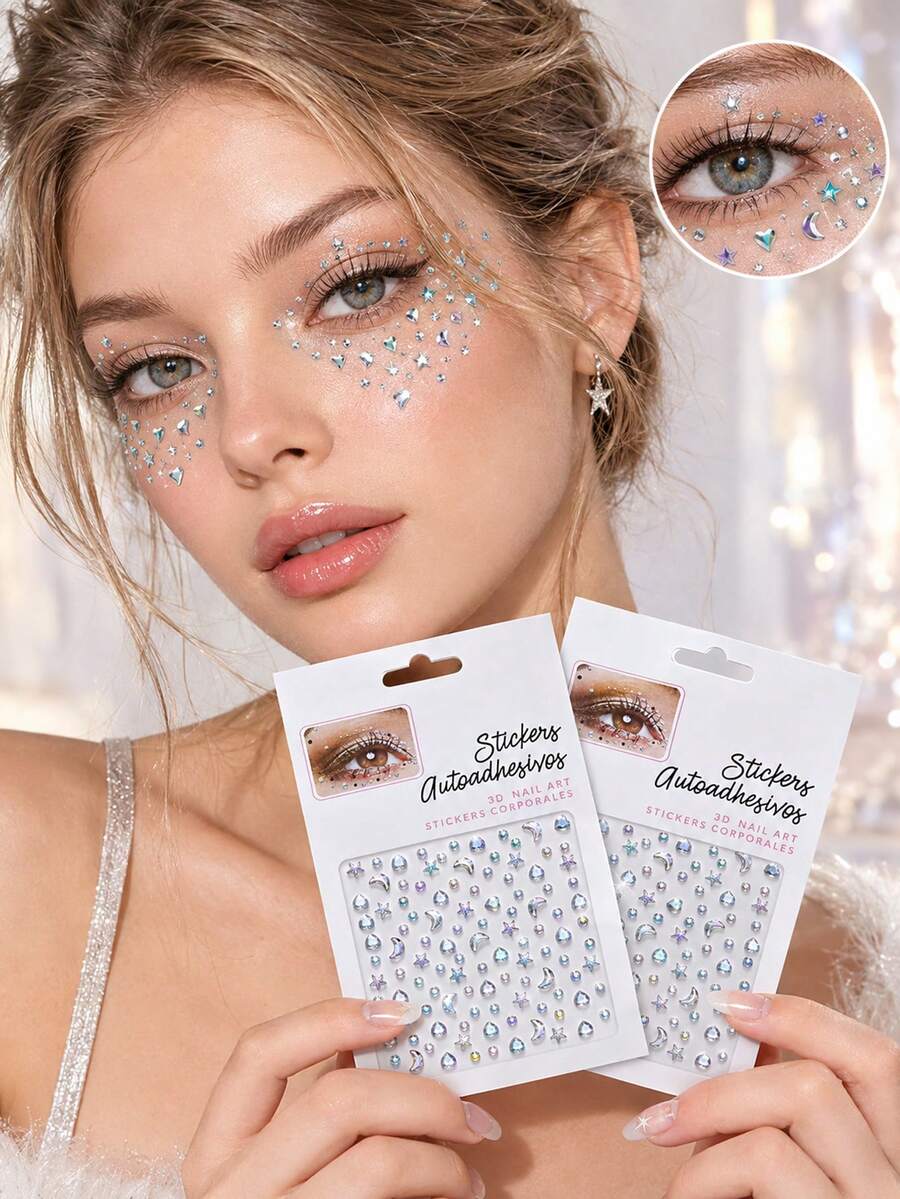 2 Sheets Self-Adhesive Face Gems Stickers, Moon Star Heart Crystal Diamond Eye Face Jewels Stickers 3D Shiny Body Rhinestone Decor For Festival, Rave, Party Cosplay