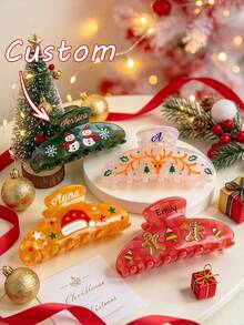 Customized Name Hair Clips, Personalized Christmas Style Hair Clips, Santa Claus And Snowman Patterns, Reindeer, Santa Claus And Christmas Tree Designs, Holiday Party Hair Accessories, Suitable For Party Dress-Up Or Role Play - Multicolor - View 4