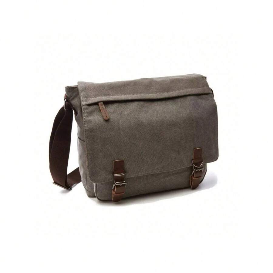 MENS MILITARY INSPIRED CANVAS LEATHER CROSSBODY BAG, VINTAGE SATCHEL SHOULDER MESSENGER FOR UNI TRAVEL CASUAL DAILY USE, HANDS-FREE ORGANISER - Grey - View 1