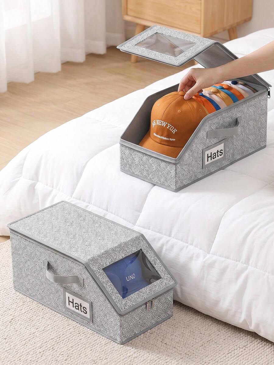 Dust-Proof Hat Storage Box With Zipper And Transparent Window, Multi-Functional Hat, Clothing, Doll Storage Box, Foldable Storage Bin, Wardrobe Organization, Home Room Bathroom Bedroom Dorm Decor, Essential Home Storage Organizer - Multicolor - View 1