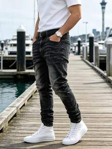Men's Black Stretch Casual Jeans, Suitable For All Seasons, Slim Fit, Versatile - Grey - View 5