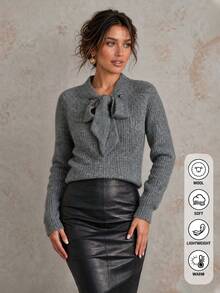 HYJ WEAR French Style Bowknot Ribbed Sweater, Soft Long Sleeve Wool Blend Knit Top, Autumn/Winter, Christmas, Halloween - Dark Grey - View 2