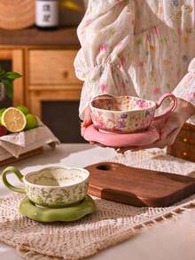 Elegant Lily Of The Valley Pattern Cup, Saucer And Spoon Set - Suitable For Coffee, Afternoon Tea, Home Use, Also An Ideal Gift For Holidays And Weddings - Multicolor - View 3