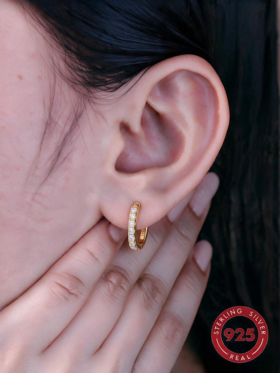 S925 純銀長方形耳環,4色鑲鑽 CZ U型抱耳環,低過敏性極簡主義女款飾品 - 金色 - 查看 1