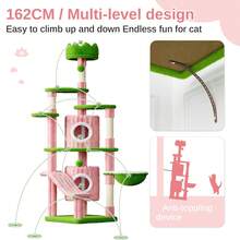 DOGAT Tall Cat Tree Tower 162cm 64 Inch Large Multi Level Indoor Cat Tree With Scratching Posts Condos Hammock Crown Bed Activity Centre For Kittens Multiple Cats And Apartments - Pink/Green - Pink - View 5