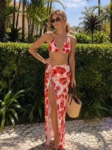 HOTTIE HABIT Women Floral Halter Triangle 3 PiecesSwimsuit, Printed Bikini Top & Bottom Matching Side Split Maxi Beach Skirt, Beachwear For Summer Holiday - Multicolor - View 3
