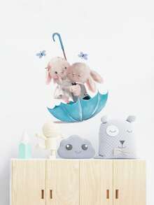 1 Set Kids Cartoon Rabbit Umbrella Wall Sticker, Cute Rabbit & Butterfly Pattern, Self-Adhesive Removable Decal, Suitable For Nursery, Wall Sticker - Multicolor - View 6