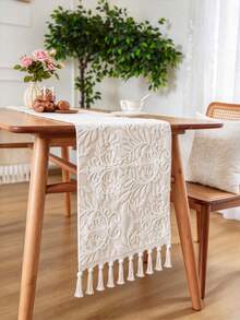 1 pieza Elegante camino de mesa de comedor de doble capa bordado, con flecos hechos a mano, bordado de un solo lado, multiusos para mesa de comedor, decoración de aparador - Base beige con bordado blanco - Ver 8