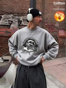 Men's Fleece Crew Neck Sweatshirt With Skull & Text Print, Y2K Style, Autumn/Winter - Heather Gray - View 4