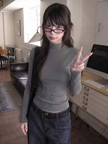 Korean Sexy Style Round Neck Short Curved Hem Slim Fit Long Sleeve Top Women Autumn/Winter Elastic Slim Fit Slimming Versatile Inner Layer Base Layer Knit Sweater - Grey - View 5