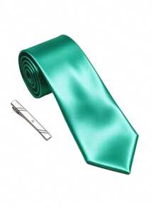 1 Set 8cm Solid Color Satin Men's Business Fashion Versatile Tie And Tie Clip Accessories, Suitable For Work, Interview, Wedding, Party, Gathering, Family Dinner, Daily Wear - Teal Blue - View 3