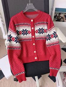 Women's Red Fair Isle Snowflake Jacquard Pattern Long Sleeve Crew Neck Knit Cardigan, Winter Date & Daily Wear Essential - Red - View 5