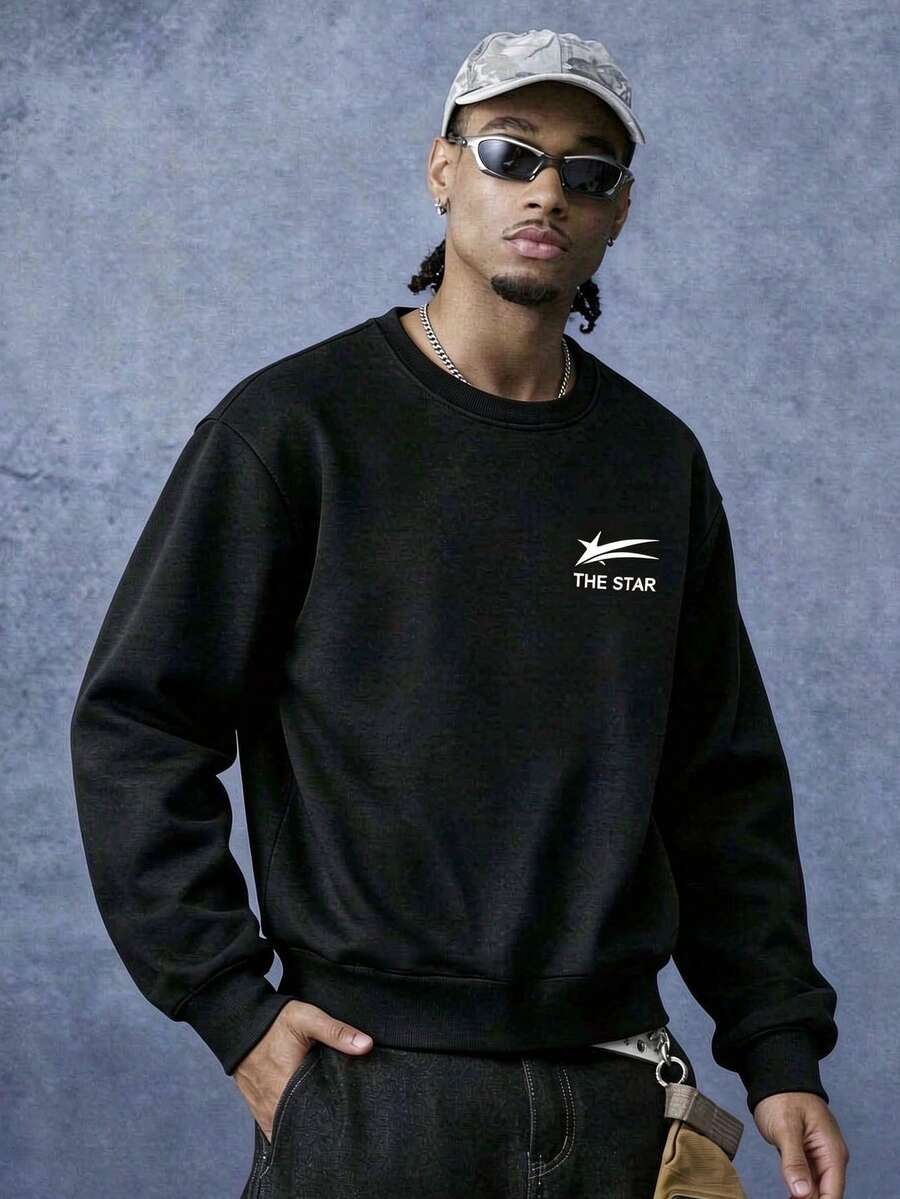 Men's Fashion Casual Outdoor Sweatshirt, Minimalist Loose Fit, Crew Neck Design, Durable And Long-Lasting, Suitable For Daily Wear - Black - View 1