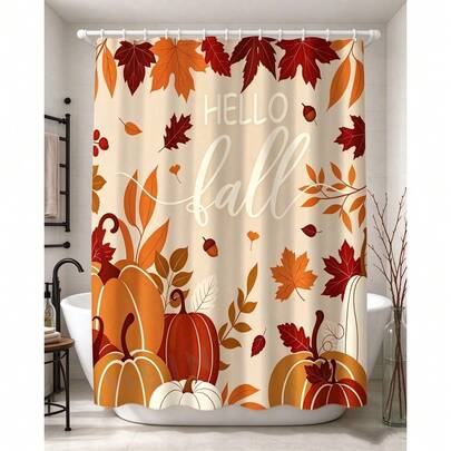 1 pieza Cortina de ducha decorativa Hello Autumn, tema de cosecha de otoño con calabaza naranja y hoja de arce, adecuada para baño, bañera y división, accesorios de baño, decoración de cortina de ducha de baño, regalo de Acción de Gracias