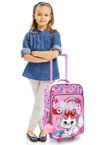 Girs Wheeled Suitcase, Pink Double-Sided Cartoon Cat Sequins Design, Carry-On Suitcase, Suitable For Weekend Vacation, Travel, Nighttime Reflective. - Pink - View 11