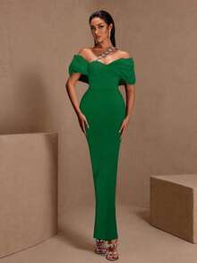 Women's Elegant Asymmetric Rhinestone Embellished Long Sleeve Knit Dress With Zipper, Suitable For Party Occasions - Dark Green - View 1