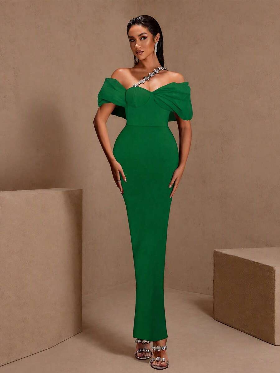 Women's Elegant Asymmetric Rhinestone Embellished Long Sleeve Knit Dress With Zipper, Suitable For Party Occasions - Dark Green - View 1