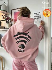 Women's Cat Graphic Sweatshirt For Autumn/Winter, Free Custom Text Printing, Y2K Style - Sand Red - View 11