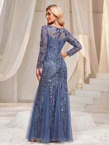Elegant Long Sleeve Sequin Mermaid Party Dress, Formal Wedding Guest Gown, Graduation Ceremony & Banquet Dress Spring Fall - Dusty Blue - View 2