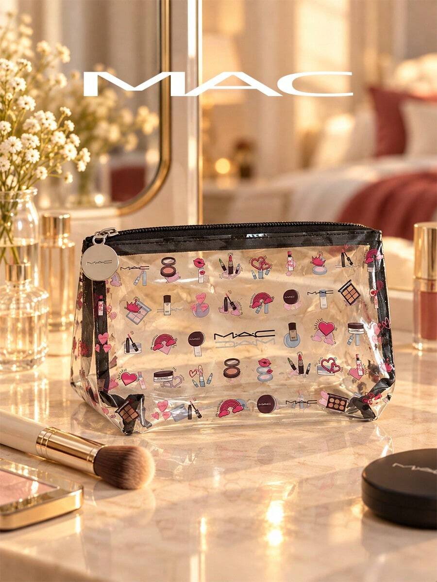 MAC 透明 PVC 化妝包,可愛化妝品印花,防水拉鍊化妝收納袋,便攜旅行盥洗用品收納包 - 無色 - 查看 1