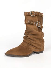 Women's Faux Suede Rivet Multi-Strap Buckle Pointed Toe Mid-Calf Chunky Heel Western Boots, Cool Retro Motorcycle Cowboy Boots, Autumn/Winter Brown - Brown - View 7