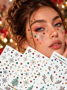 2/3 Sheets Christmas Atmosphere Face Gem Decoration Sticker, Self-Adhesive, Christmas Tree, Snowflakes, Antlers, Star, Multi-Element Patterns, Suitable For Christmas Party, Rave, Portrait Photography, Stage Makeup Face Decoration - Multicolor - View 1