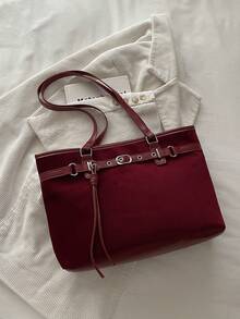 1pc Red Large Capacity Faux Suede Tote Bag Women's Shoulder Bag - Red - View 3
