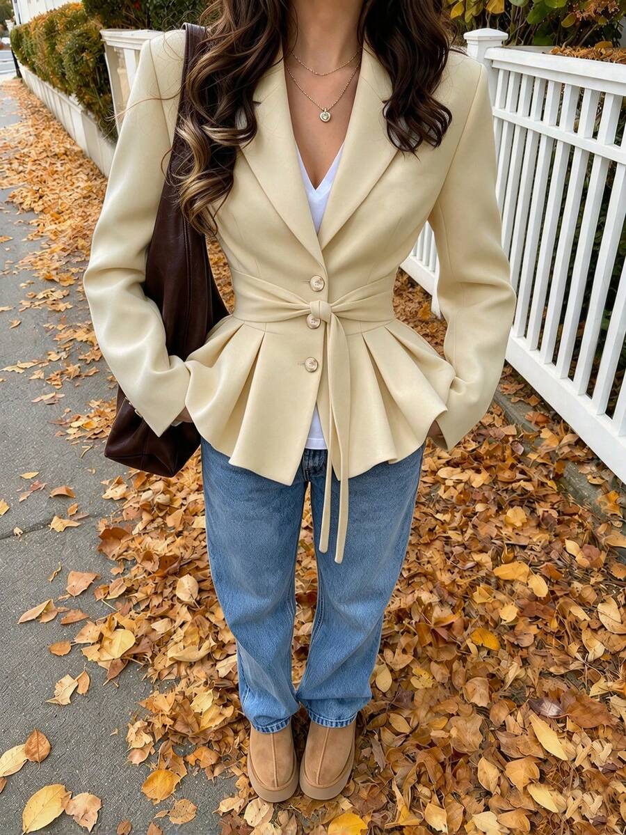 Elegant Women's Cream-Colored Blazer, Woven Fabric, Tie Waist, Ruffle Hem, Exuding Sophisticated Autumn Charm - Apricot - View 1
