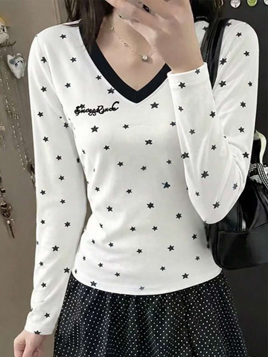 Women's Collegiate Style Star Print Long Sleeve V-Neck T-Shirt, Regular Fit Pure Cotton High Elasticity Top - White - View 1