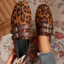 Vintage Patchwork Faux Split Toe Flat Shoes For Women, Autumn New Versatile Square Toe Comfortable Fashion Slip-On Double Buckle Loafers - Brown Leopard Print - View 1