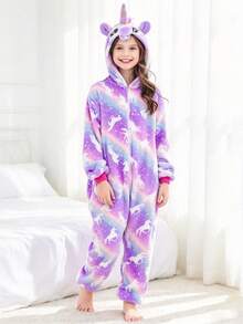 Tween Girl Purple Unicorn All-Over Print Zipper Casual Daily Home One-Piece Long Pants Pajamas - Multicolor - View 4