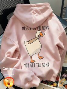 Höst/vinter dam hoodie i fleece med ankmönster och engelsk text Y2K - Sandröd - Visa 3
