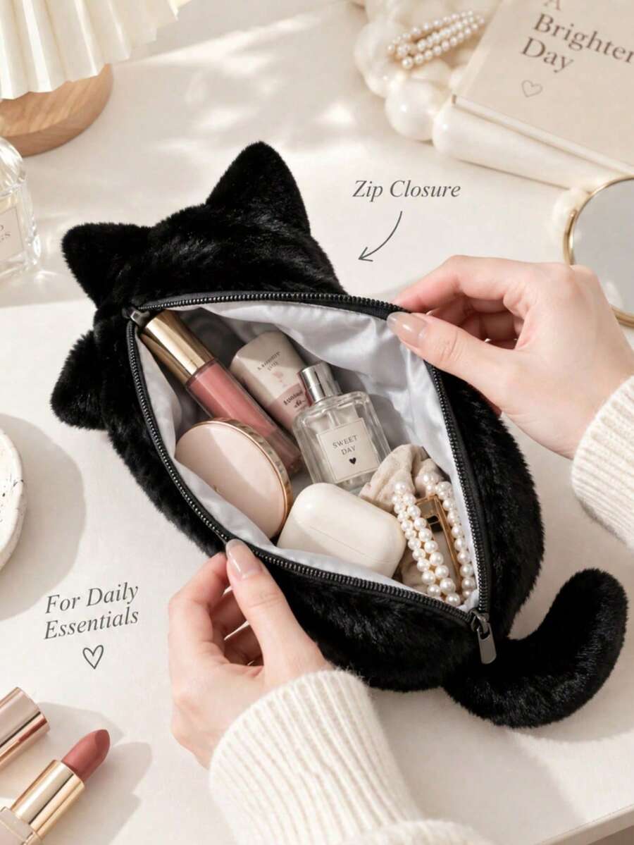 1pc Cat Shaped Plush Pencil Case, Cute Soft Large Capacity Stationery Storage Bag, Japanese Style Cute Cat Pencil Case, Suitable For School, Office, Study, Desk Storage And Small Item Organization, Back To School Season - Multicolor - View 1