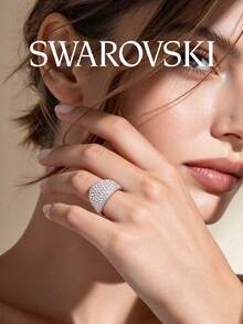 SWAROVSKI Fully Pave Crystal Square Ring, Elegant Sparkling Wide Band Ring, Birthday Gift For Girlfriend - Silver - View 9