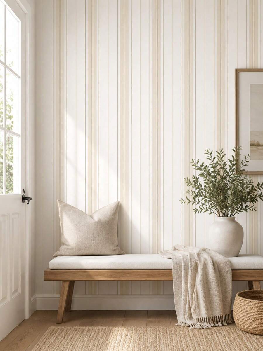 SUPSTICKER 1pc Neutral Vertical Stripe Self-Adhesive Wallpaper, Waterproof Removable PVC Decorative Sticker, Suitable For Nursery Bedroom Living Room, 15.75x47.24/141.73 Inches - Multicolor - View 1