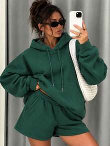 Women's Loose Drawstring Pocket Sweatshirt, Long Sleeve Pullover Sweatshirt, Suitable For Autumn/Winter Wear - Green - View 2