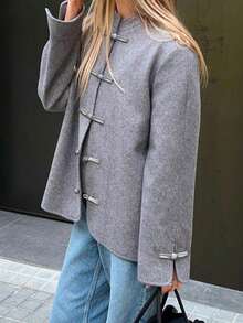 SMILE CHIC Autumn/Winter Minimalist Daily Vintage Commute Front Placket Straight Chinese Frog Button Cuffs Slit Frog Button Women's Overcoat Casual Versatile - Grey - View 8