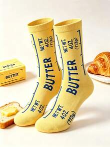 1 Pair Unisex Multi-Color Butter Packaging Creative Letter Print Mid-Calf Socks, Quirky BUTTER Pattern, Korean Ins Style Knitted Socks, Soft And Comfortable Fabric, Niche Daily Commute Versatile Fashion Mid-Calf Socks - Multicolor - View 1