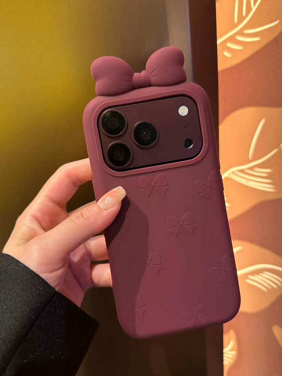 1pc Creative Premium Burgundy Red Silicone Bow Phone Case Compatible With IPhone 18 Pro Max/18 Pro/17 Pro Max/17 Pro/17/16 Pro/16/16 Pro Max Shockproof Protective Cover, Unique Niche Design, Smooth Texture, Popular Holiday, Birthday, Halloween Gift - Burgundy - View 1