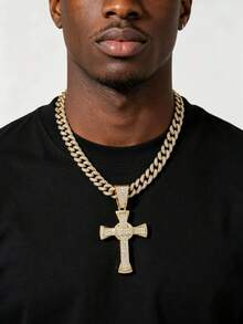 1pc Men's Full Rhinestone Cuban Chain Hip Hop Style Personalized Classic Cross Pendant Necklace - Cross - View 1