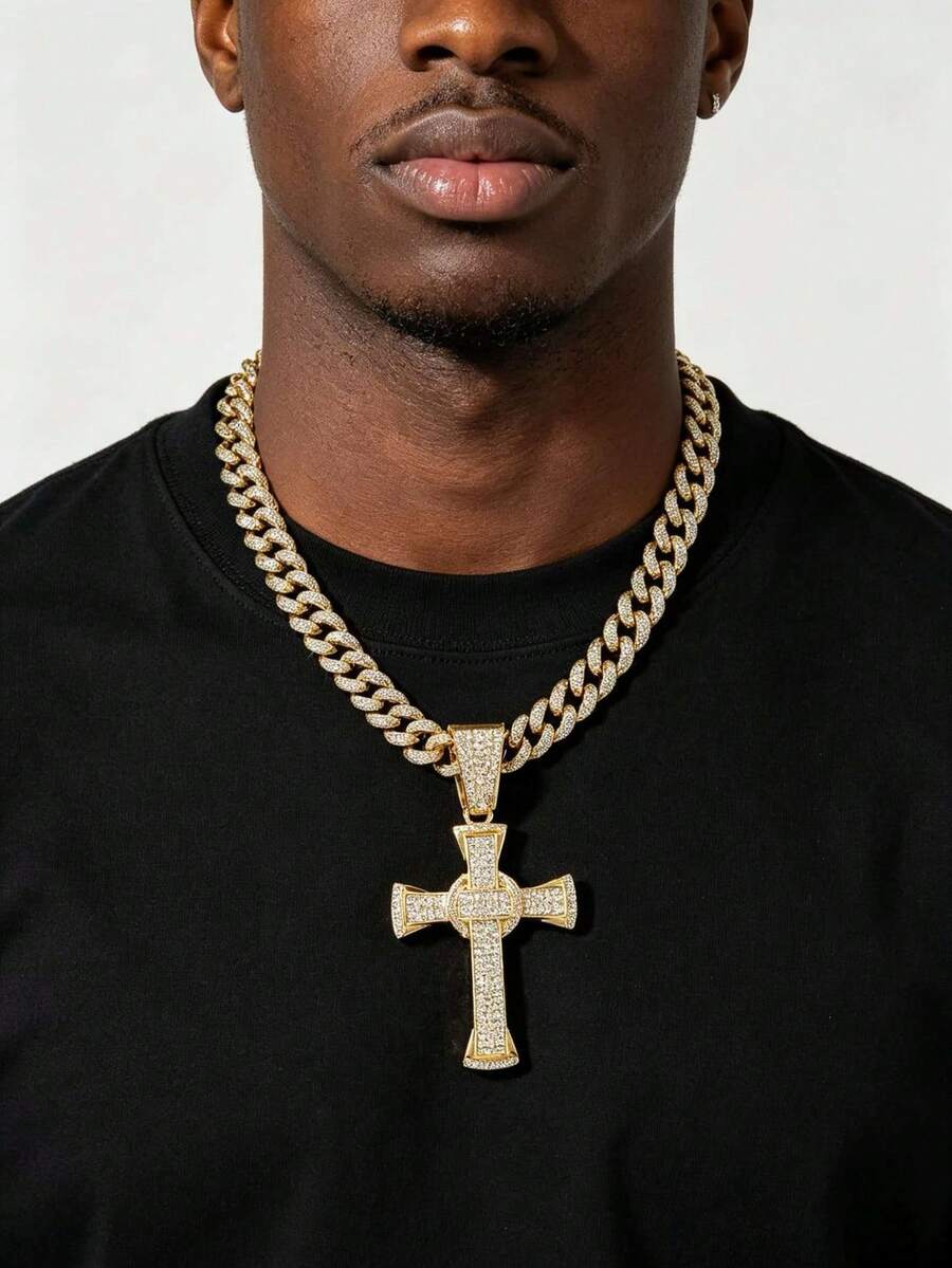 1pc Men's Full Rhinestone Cuban Chain Hip Hop Style Personalized Classic Cross Pendant Necklace - Cross - View 1