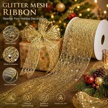 1 Roll Gold Glitter Mesh Ribbon, Sequin Hollow Net Ribbon For Gift Wrapping, Christmas Tree, Wedding Party DIY Bow Craft Decor - Multicolor - View 7