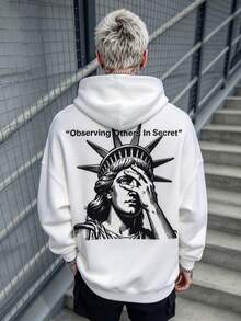 Simple Studio | Niche Rebellious Vintage Statue Of Liberty Graphic Slogan Print Hoodie, Minimalist Cold-Tone Drape White Streetwear Sweatshirt For Men - White - View 3