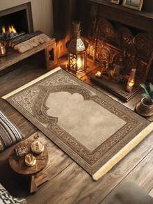 1pc Sponge Islamic Prayer Mat With Tassels, Thick Anti-Slip Bottom, Foldable Design, Machine Washable, Islamic Pattern, Durable Polyester Material, Suitable For Home Use - Khaki - View 12
