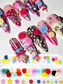 1 Box Y2K Colorful Button Nail Art Decorations, Mixed Button Star & Flower Cute Nail Accessories, Dopamine Nail Art Supplies, DIY Nail Art Suitable For Gel Nails, Press-On Nails, Home & Salon Use - Multicolor - View 2