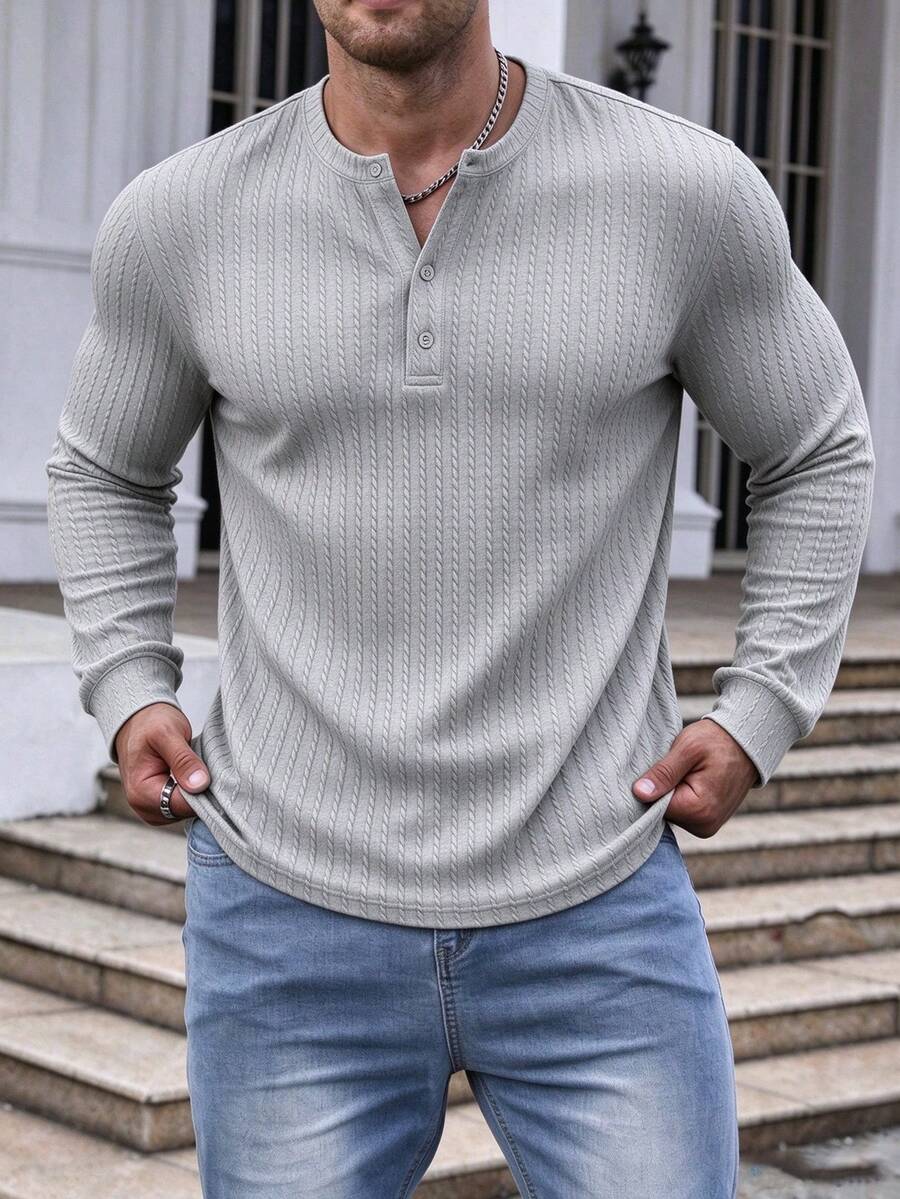 Men's Henley Collar Knit Top, Loose Fit Lightweight Breathable T-Shirt ...